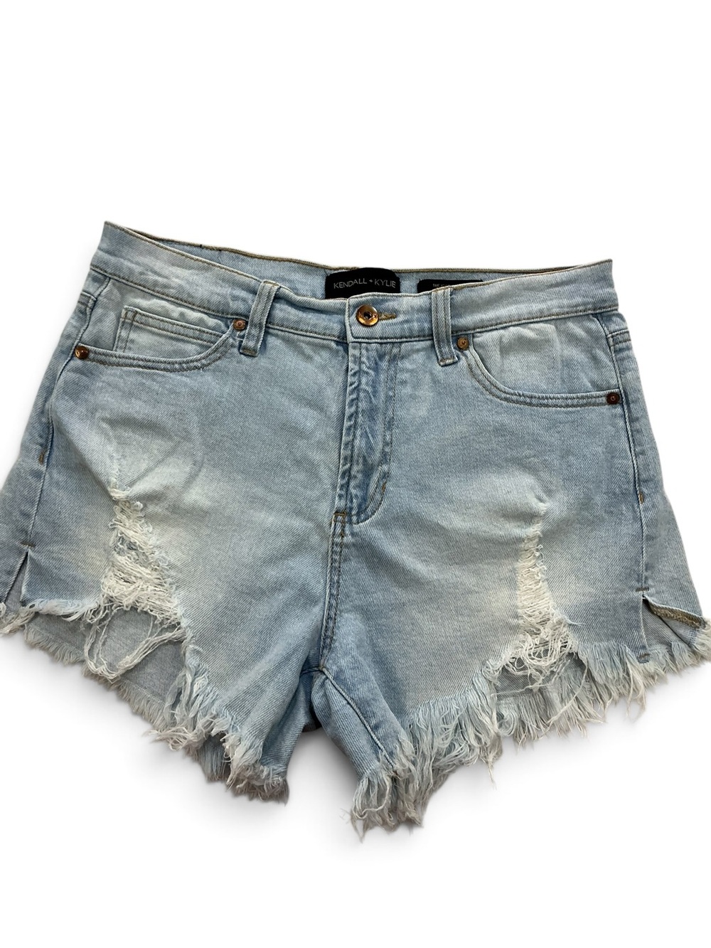 KENDALL + KYLIE Distressed Denim Shorts Light Wash Frayed Raw Hem Size 7/28